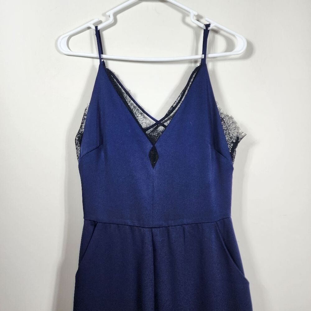 Gianni Bini Navy Blue Tank Style Wide Leg Black Lace Lined Top Jumpsuit Size XS